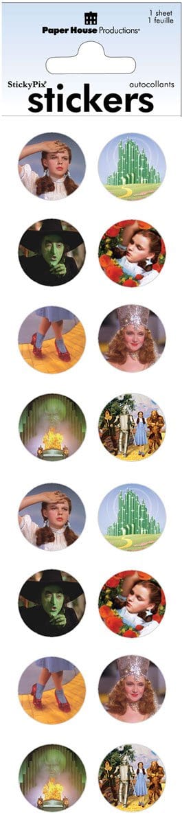 decorative stickers shown in packaging featuring Wizard of Oz scenes and characters in round shapes.