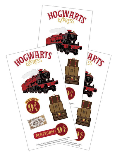 3 sheets of Harry Potter stickers featuring the Hogwarts Express, luggage and the 9 3/4 platform sign, shown on a white background.