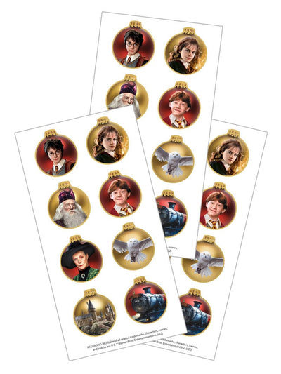 3 sheets of Harry Potter stickers featuring Harry Potter characters inside gold Christmas ornaments, shown on a white background.