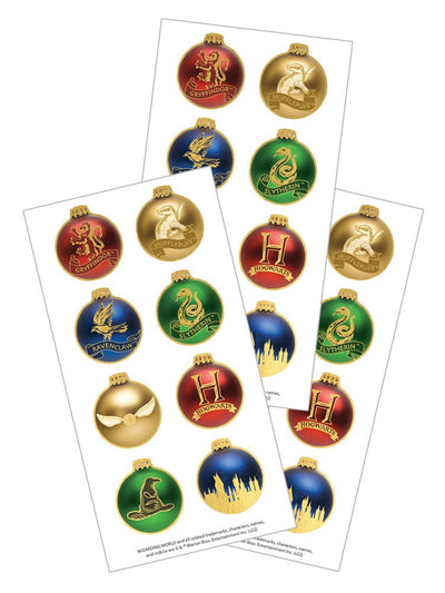 3 sheets of harry potter stickers featuring colorful Christmas ornaments decorated in gold with Hogwarts house symbols, shown on white background.