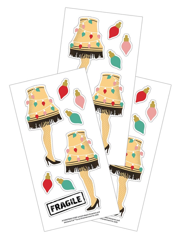 3 sheets of stickers featuring illustrations of the leg lamp from A Christmas Story with Christmas ornaments, shown on a white background.