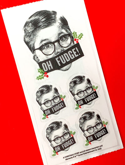 stickers featuring Ralphie with an OH FUDGE! banner across his mouth, shown on red background.