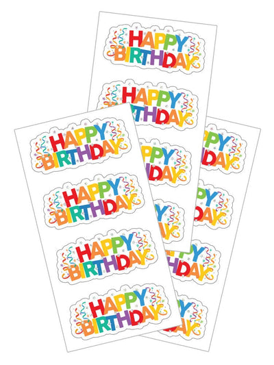 3 birthday stickers featuring colorful Happy Birthday banners and confetti, shown on white background.
