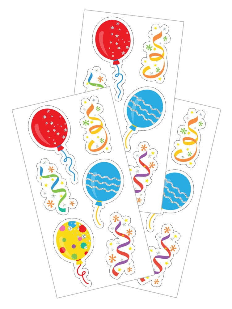 3 sheets of birthday stickers featuring colorful balloons and confetti, shown on white background.