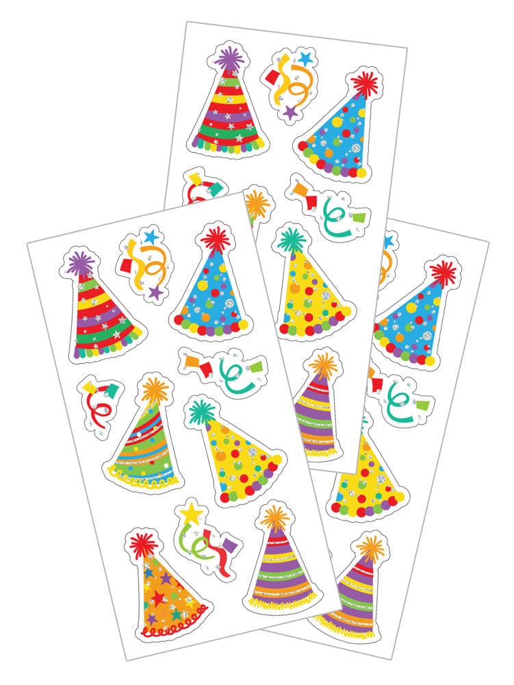3 sheets of stickers featuring colorful party hats and confetti, shown on white background.