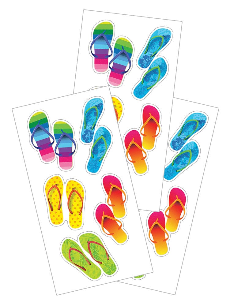 3 sheets of stickers featuring brightly colored flip flops, shown on a white background.