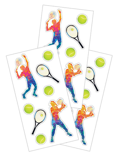3 sheets of stickers featuring colorful tennis players, racquets and balls, shown on white background.