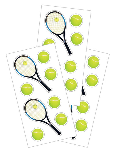 3 sheets of stickers featuring tennis balls and racquets, shown on a white background.