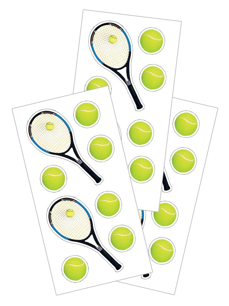 3 sheets of stickers featuring tennis balls and racquets, shown on a white background.