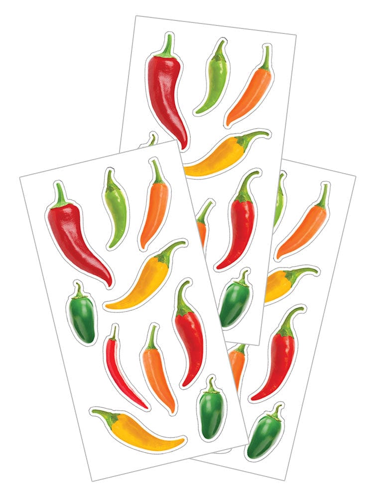 3 sheets of stickers featuring colorful hot peppers, shown on a white background.