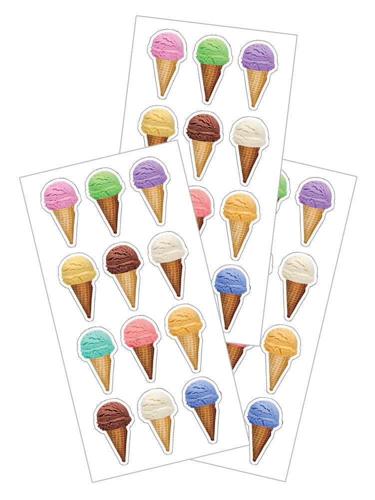 3 sheets of stickers featuring colorful ice cream cones, shown on white background.