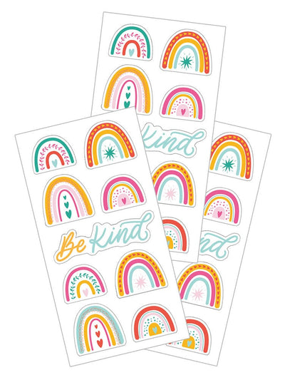 3 sheets of stickers featuring illustrated rainbows with hearts in orange, pink, yellow and teal, shown on white background.