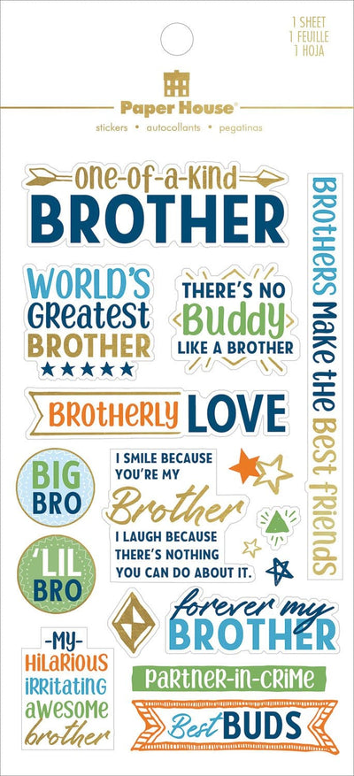 scrapbook stickers shown in packaging, featuring brother themed sentiments with blue, green and gold details.