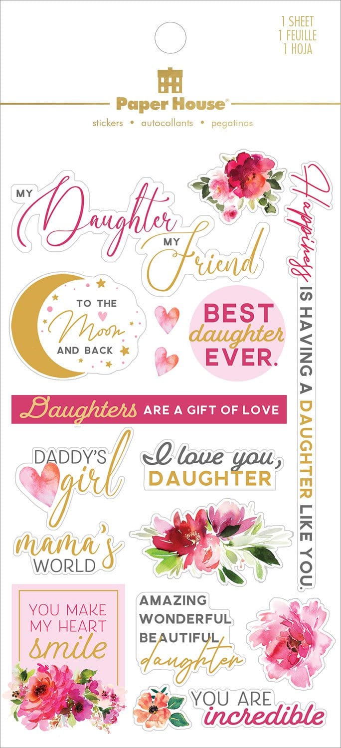 scrapbook stickers shown in packaging, featuring daughter themed sentiments with pink and gold details.