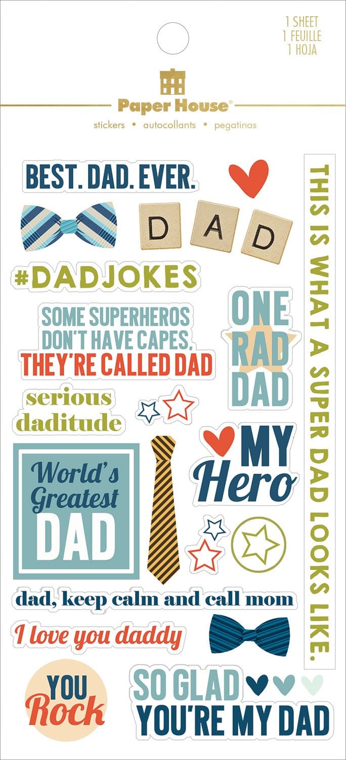 scrapbook stickers shown in packaging, featuring dad themed sentiments with blue and gold details.