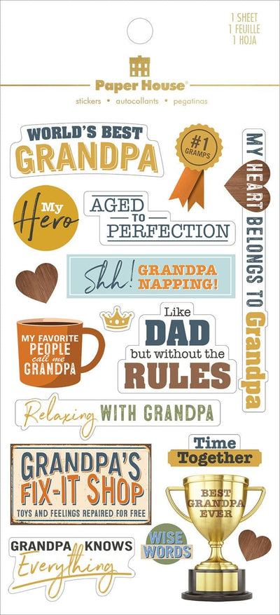scrapbook stickers shown in packaging, featuring grandpa themed sentiments with blue, brown and gold details.