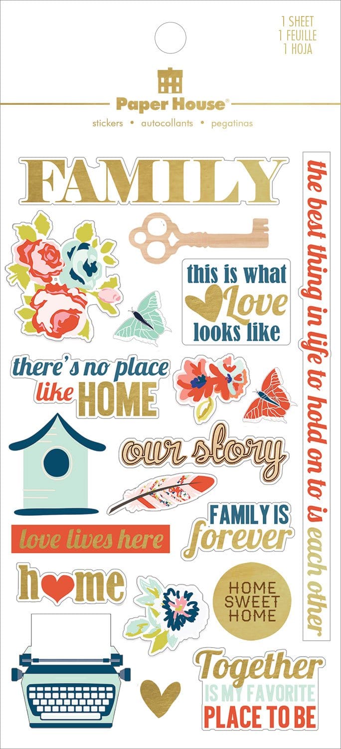 scrapbook stickers shown in packaging, featuring family themed sentiments of love with teal, red and gold details.
