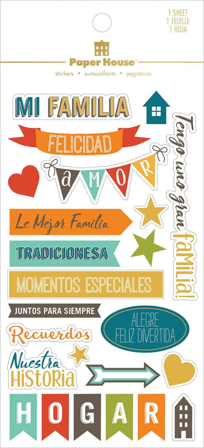 scrapbook stickers shown in packaging, featuring spanish family themed sentiments of love with orange, teal and gold details.