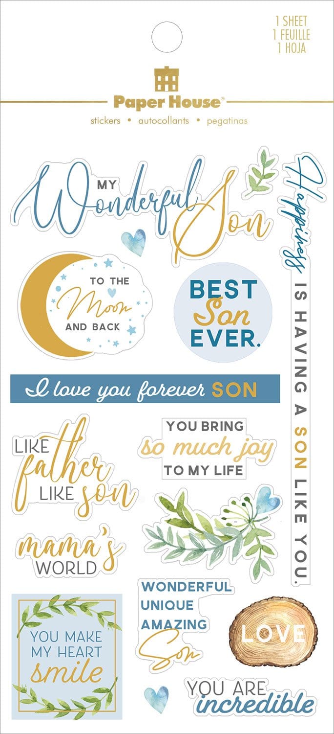 scrapbook stickers shown in packaging, featuring son themed sentiments of love with blue and gold details.