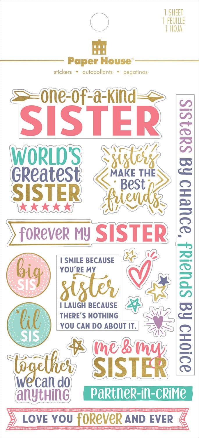scrapbook stickers shown in packaging, featuring sister themed sentiments of love with pink, teal and gold details.