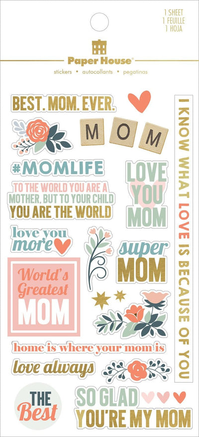 scrapbook stickers shown in packaging, featuring mom themed sentiments of love with orange and gold details.