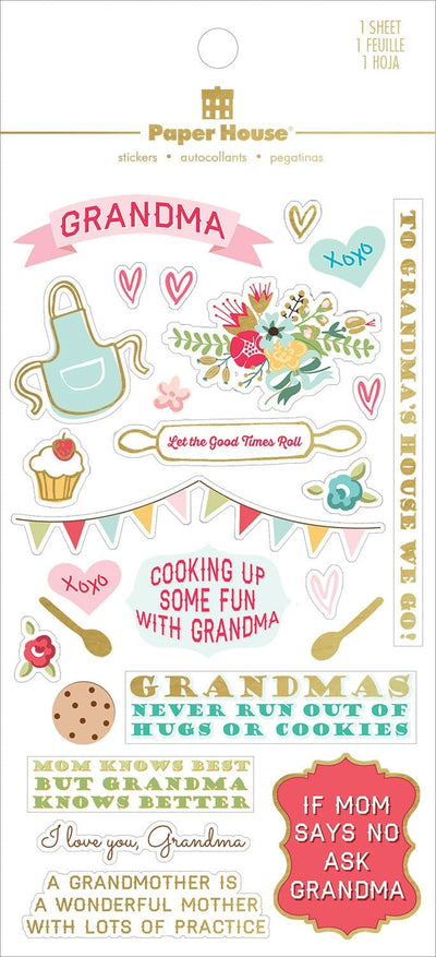 scrapbook stickers shown in packaging, featuring grandma themed sentiments of love with pink and gold details.