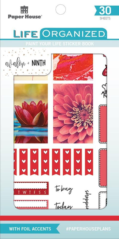 planner stickers shown in packaging featuring red florals with gold details.