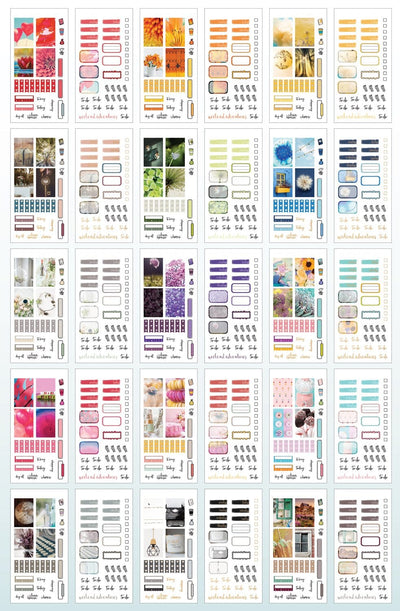 Thirty sheets of colorful planner stickers are shown in this image featuring colorful photographic images