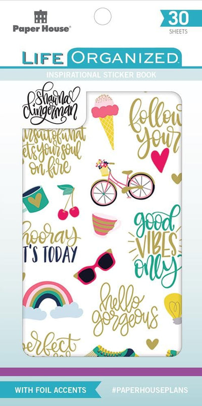 planner stickers shown in packaging featuring inspirational sentiments and illustrations with gold details.
