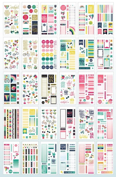 Thirty sheets of colorful planner stickers are shown in this image featuring inspirational sentiments and illustrations with gold details.