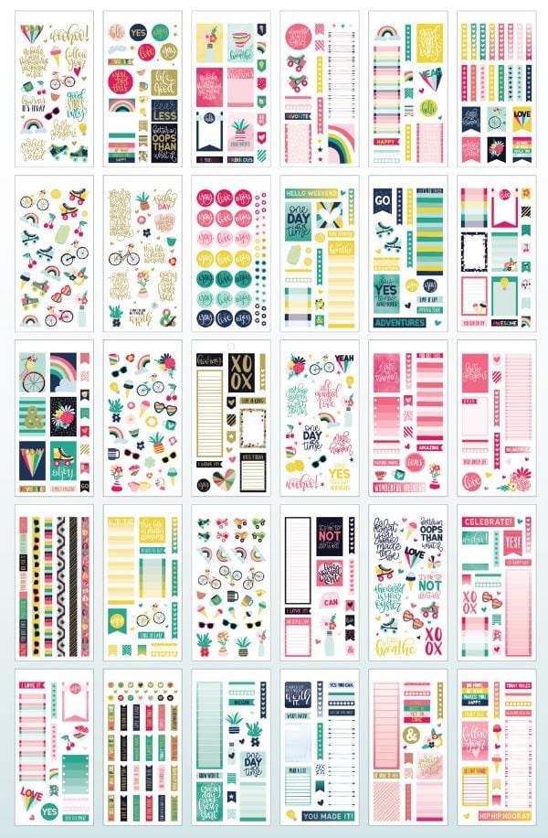 Thirty sheets of colorful planner stickers are shown in this image featuring inspirational sentiments and illustrations with gold details.
