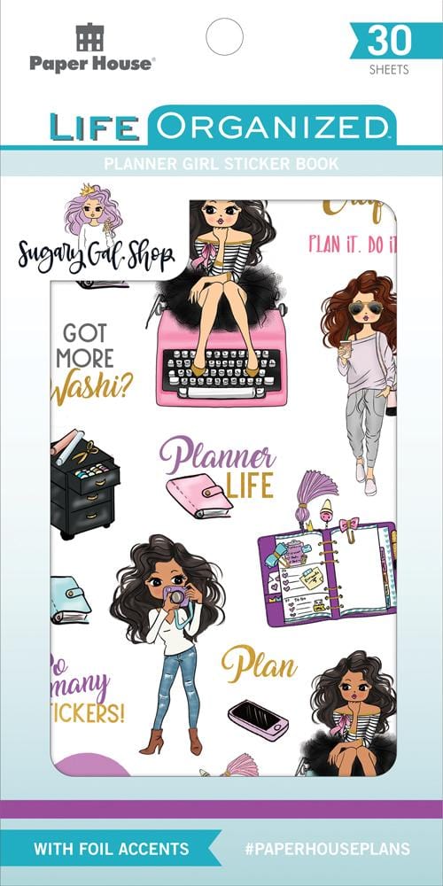 planner stickers shown in packaging featuring planner girl illustrations and sentiments with gold details.