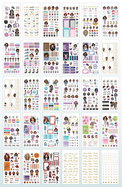 Thirty sheets of colorful planner stickers are shown in this image featuring colorful planner girl illustrations and sentiments with gold details.