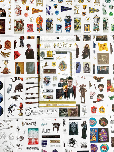 Harry Potter sticker book featuring images of Harry Potter characters, scenes, symbols, the Chibi characters and colorful tags shown in package on top of overlapping sticker sheets.