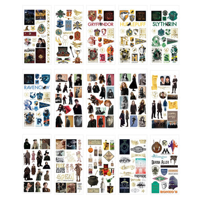 Fifteen sheets of planner stickers are shown in this image featuring photographic images of Harry Potter characters, scenes, and symbols.