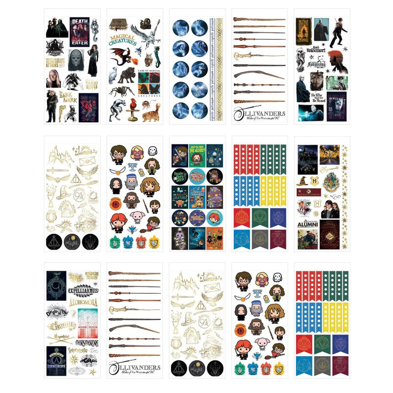 Fifteen sheets of planner stickers are shown in this image featuring photographic images of Harry Potter characters, scenes, symbols, the Chibi characters and colorful tags.