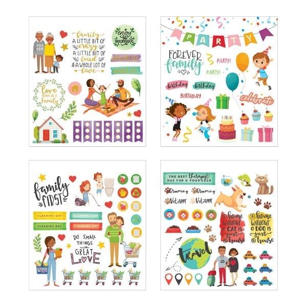 Four sheets of colorful planner stickers are shown in this image featuring family illustrations, sentiments, party and travel themes with gold details.