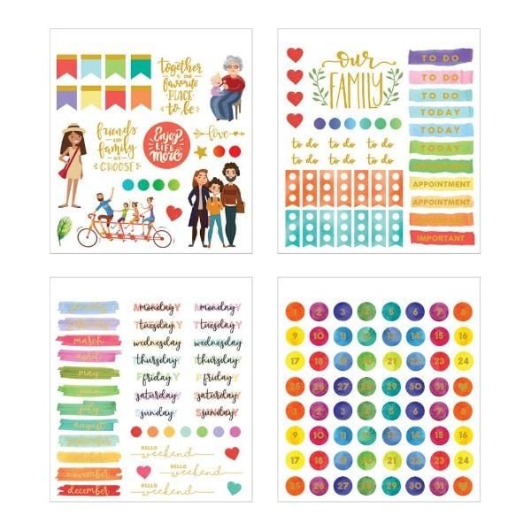 Four sheets of colorful planner stickers are shown in this image featuring family illustrations, sentiments, days and months with gold details.