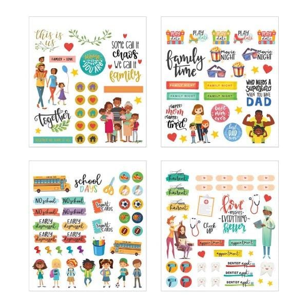 Four sheets of colorful planner stickers are shown in this image featuring family illustrations, sentiments, school and movie night themes with gold details.