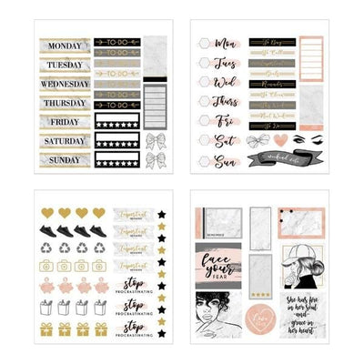 Four sheets of planner stickers are shown in this image featuring black and white illustrations of women, sentiments, and days of the week with pink and gold details.