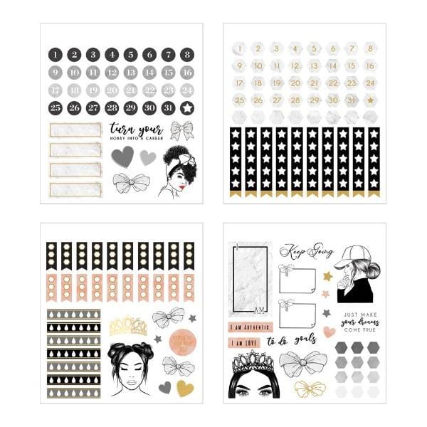Four sheets of planner stickers are shown in this image featuring black and white illustrations of women, sentiments, numbers and stars with pink and gold details.