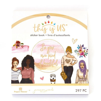 planner stickers shown in packaging featuring colorful illustrations of a diverse mix of women with floral and gold details.