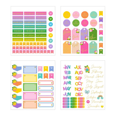 Four sheets of colorful planner stickers are shown in this image featuring tags with the days of the week and months with florals and gold details.