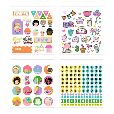 Four sheets of planner stickers are shown in this image featuring colorful illustrations of family members, inspirational sentiments, numbers, florals and gold details.