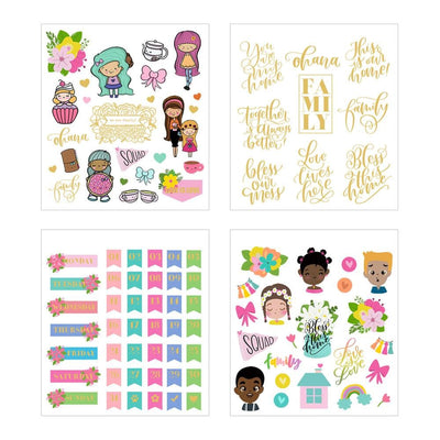 Four sheets of planner stickers are shown in this image featuring colorful illustrations of family members, inspirational sentiments, days of the week, florals and gold details.