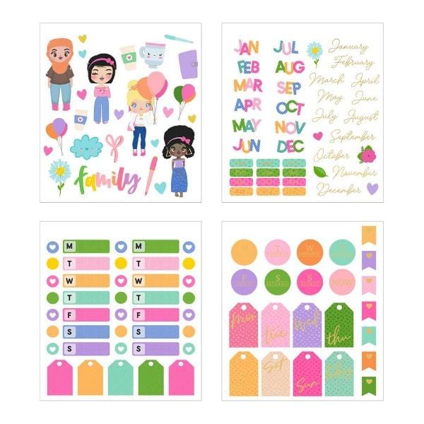 Four sheets of planner stickers are shown in this image featuring colorful illustrations of a diverse mix of women, tags, days of the week and months with gold details.