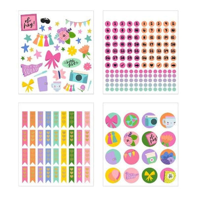 Four sheets of planner stickers are shown in this image featuring colorful illustrations, numbers ad tags with gold details.