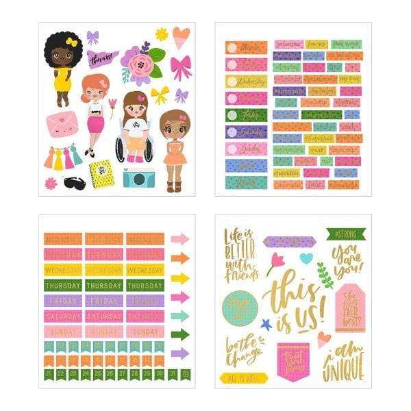 Four sheets of planner stickers are shown in this image featuring colorful illustrations of a diverse mix of women with inspirational sayings, days of the week and gold details.