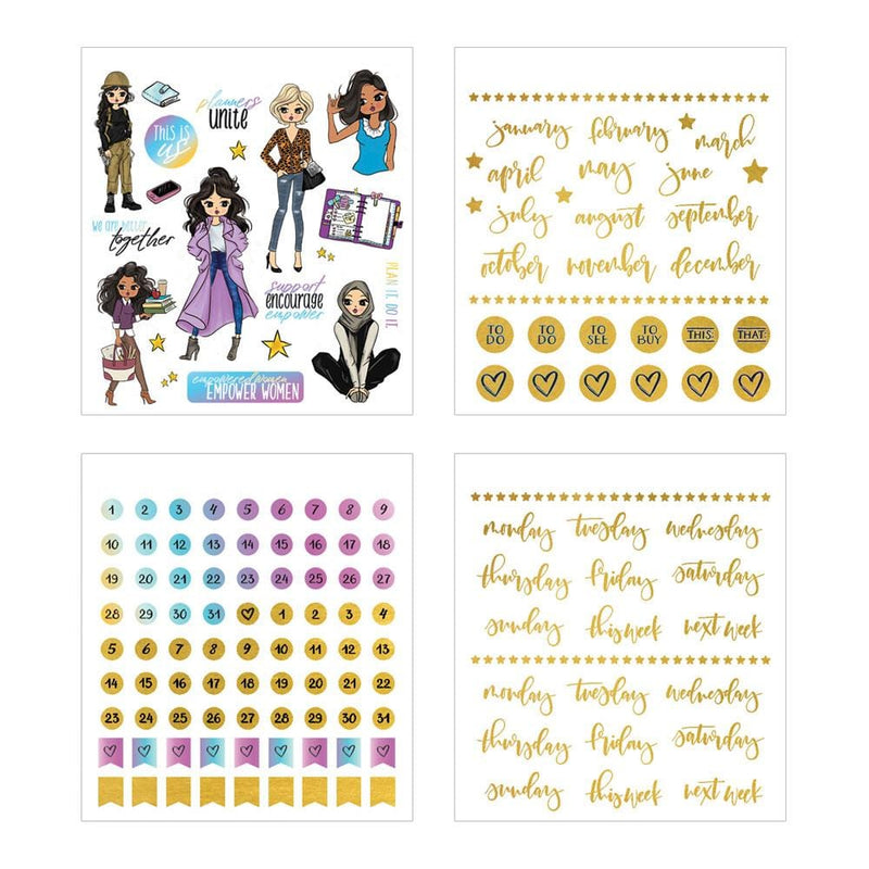 Four sheets of planner stickers are shown in this image featuring colorful illustrations of women with inspirational sayings, days of the week and months with gold details.