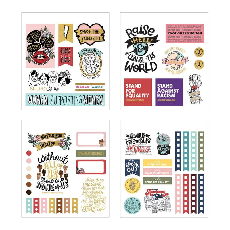Four sheets of planner stickers are shown in this image featuring colorful activism themed sentiments and tags with gold details.